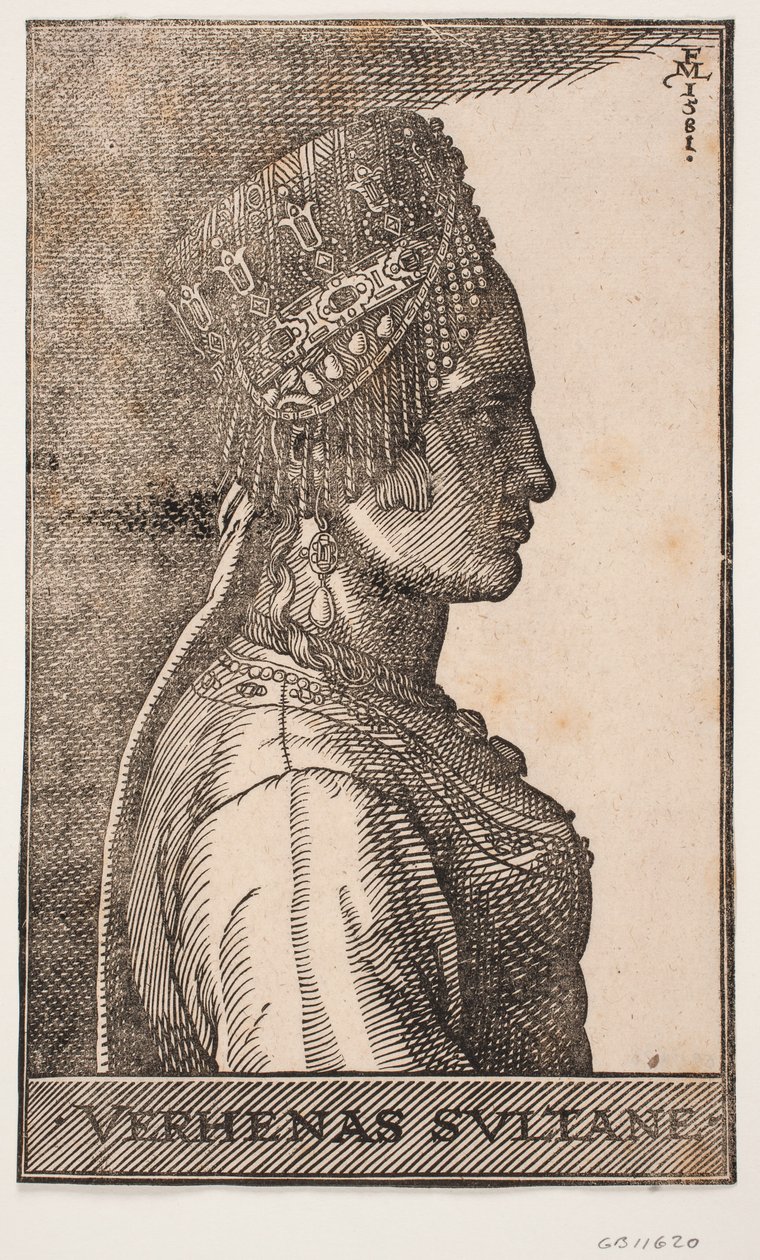 Retrato da esposa de um sultão, perfil para a direita de Melchior Lorck