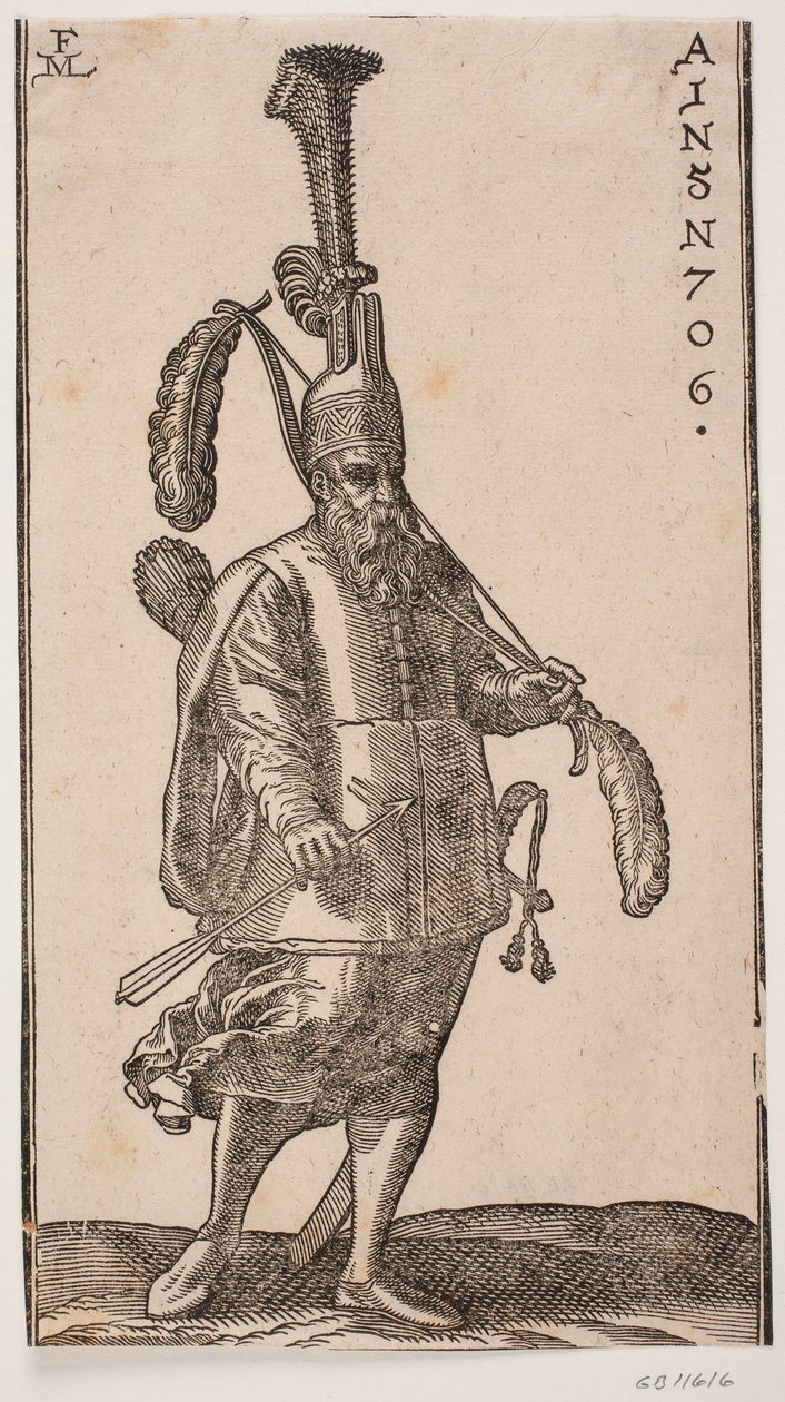 Soldado de pé, virado para o lado direito da foto; cocar com pluma ereta muito alta; na mão esquerda, um laço com grandes penas nas duas pontas; na mão direita, uma flecha; nas costas, uma aljava e ao lado, uma espada de Melchior Lorck