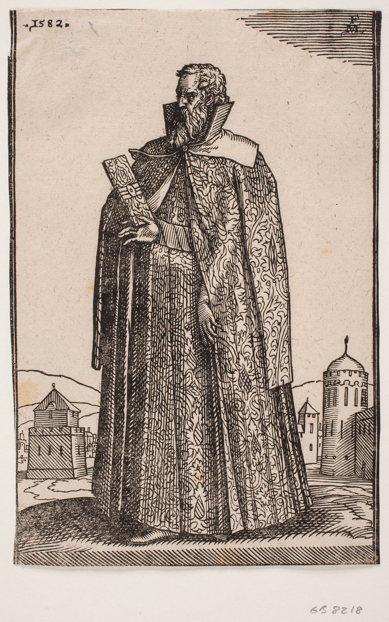 Embaixador em traje europeu (veneziano?), 3/4 de perfil para v.; na mão direita ele segura uma pasta de Melchior Lorck