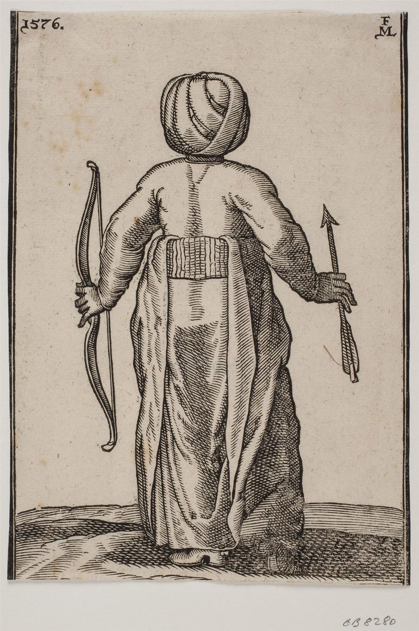 Arqueiro em pé, vista traseira; em v. entregar um arco, em h. entregar uma flecha de Melchior Lorck