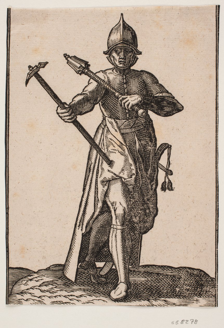 Soldado de capacete em pé, vista frontal; em r. mão um martelo de guerra, em v. mão uma clava de guerra, perna e pé de trás distorcidos em relação à frente; ao lado de uma espada de Melchior Lorck