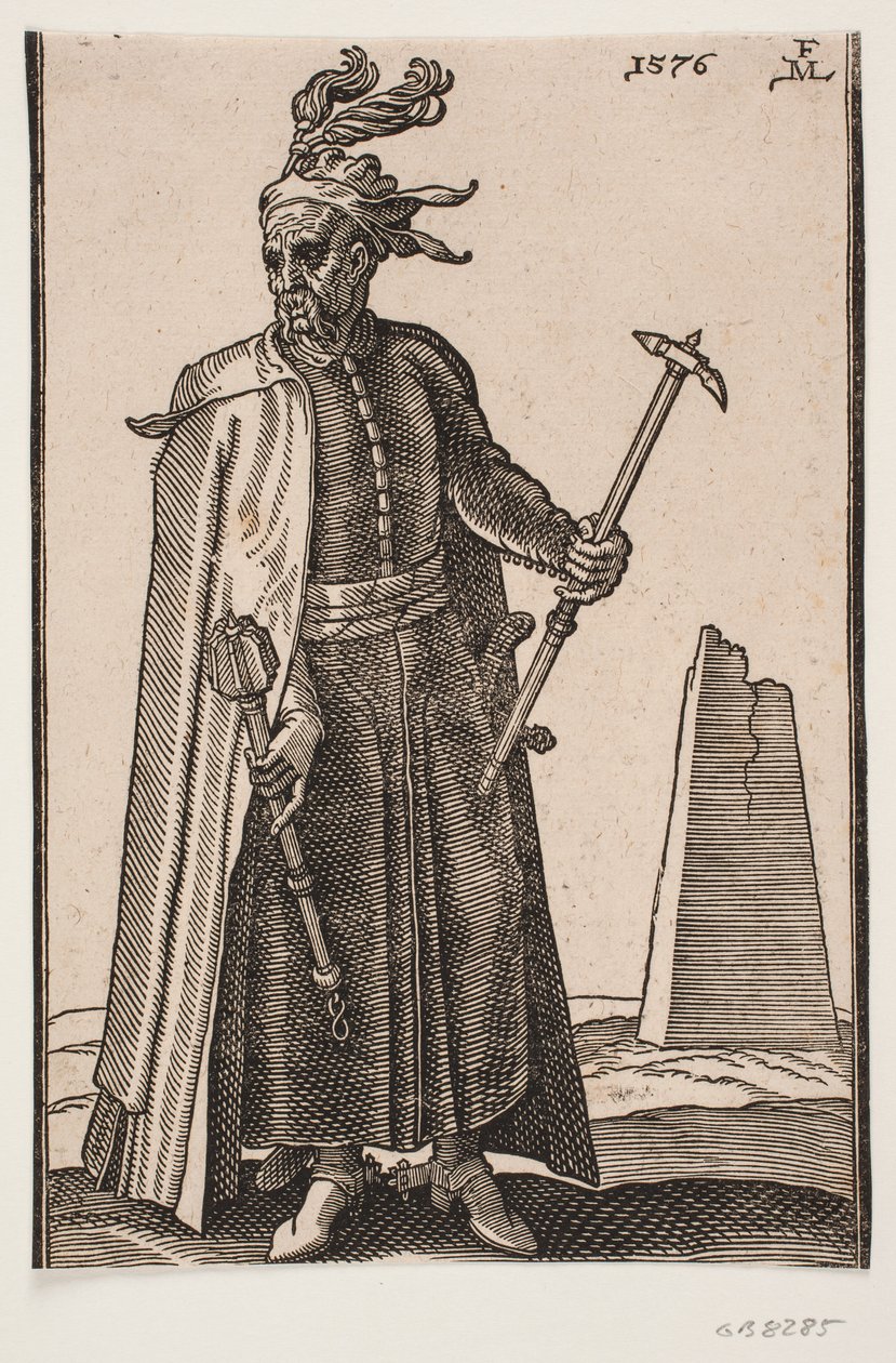 Soldado em pé, encapuzado, vista frontal; em h. mão virada para baixo um bastão de guerra, no v. um martelo de guerra; nas esporas dos calcanhares de Melchior Lorck