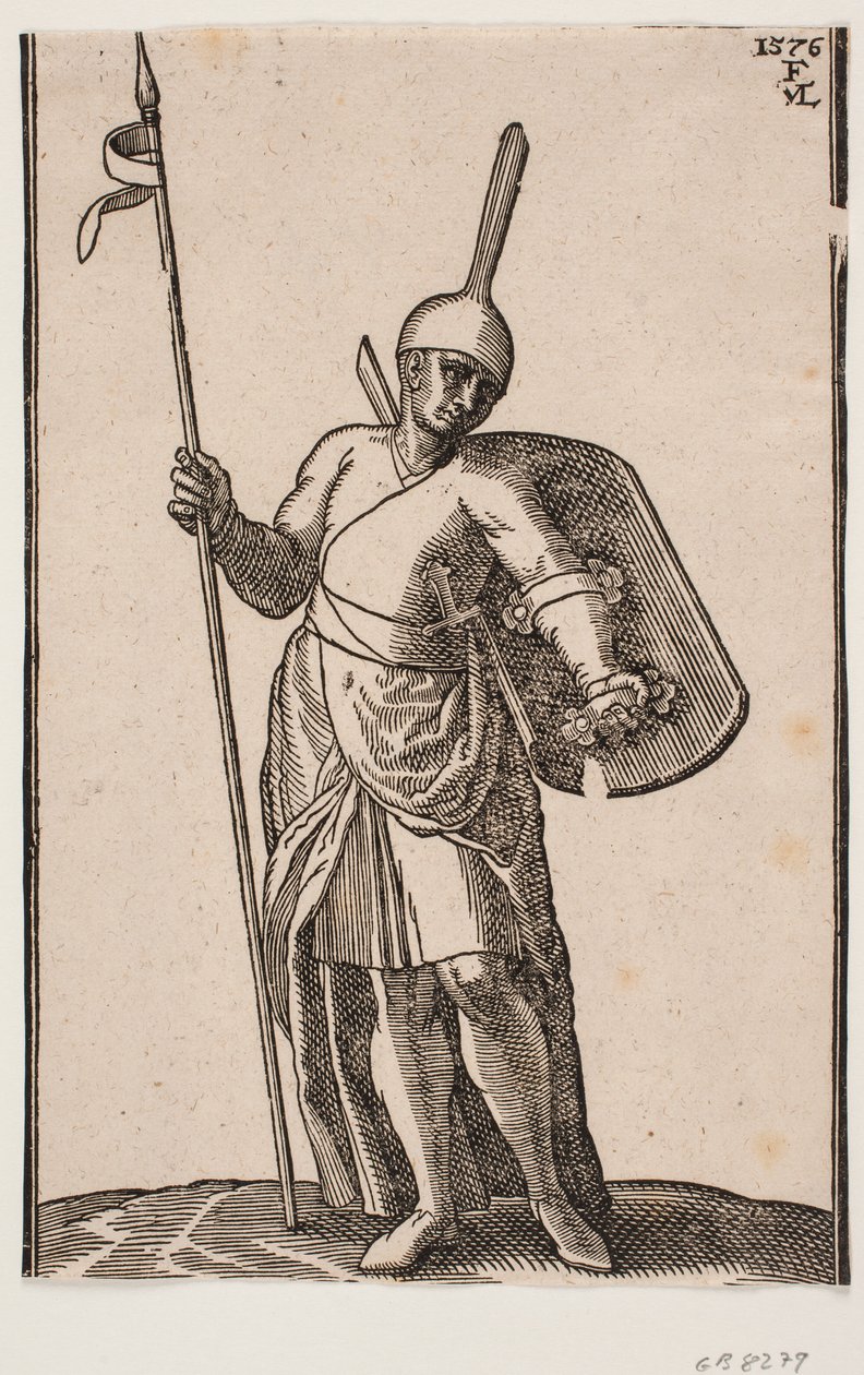 Soldado em pé, vista frontal; cocar com top alto e fino; na r. mão uma lança, na l. arma um escudo, visto de dentro de Melchior Lorck
