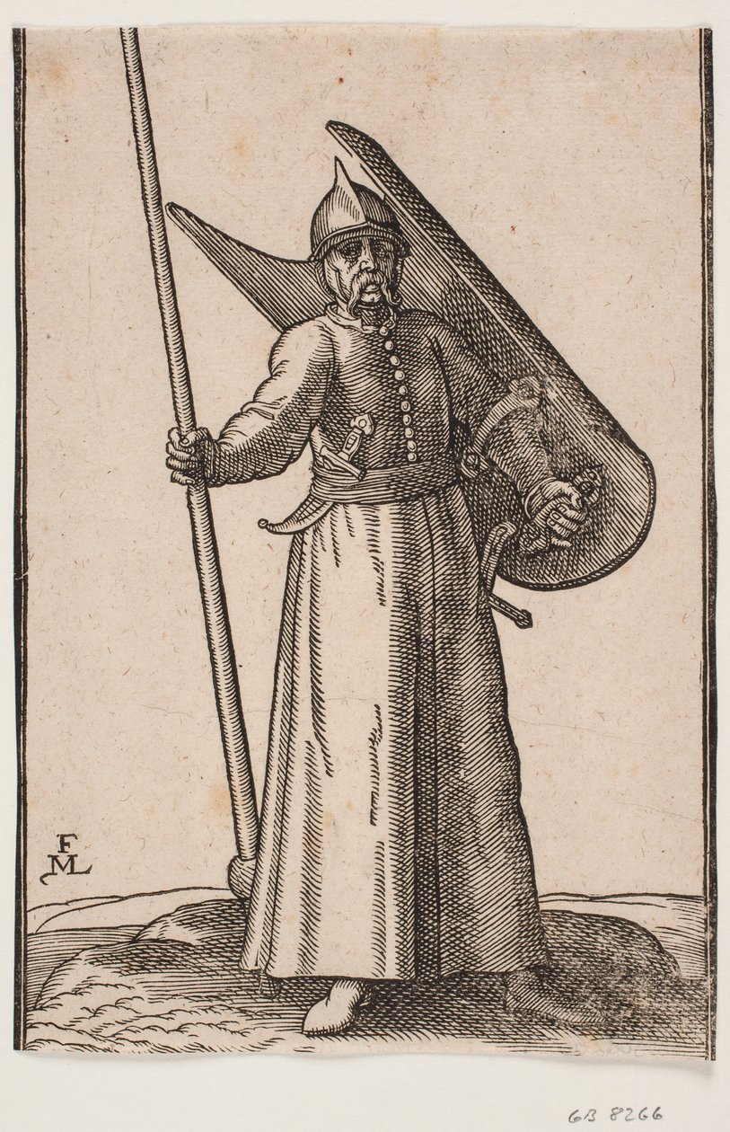 Soldado ereto com capacete na cabeça; em r. entregar uma lança, cujo topo está fora da linha de armação superior; no v. armar um escudo curvo, visto de dentro; no cinto sob o braço direito uma adaga curvada, ao lado v uma espada de Melchior Lorck