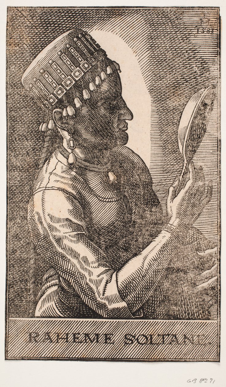 Retrato do sultão, espelhado, perfil à r.: RAHEME SOTANE. de Melchior Lorck