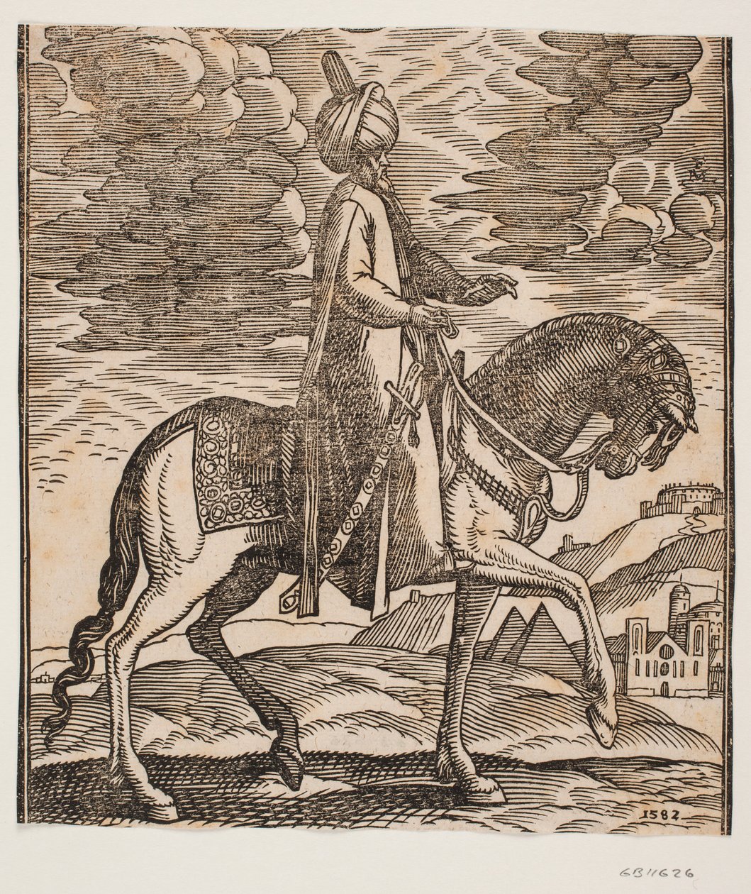 Cavaleiro de turbante, espada à direita, perfil para a direita; entre as patas dianteiras do cavalo, duas pirâmides aparecem de Melchior Lorck
