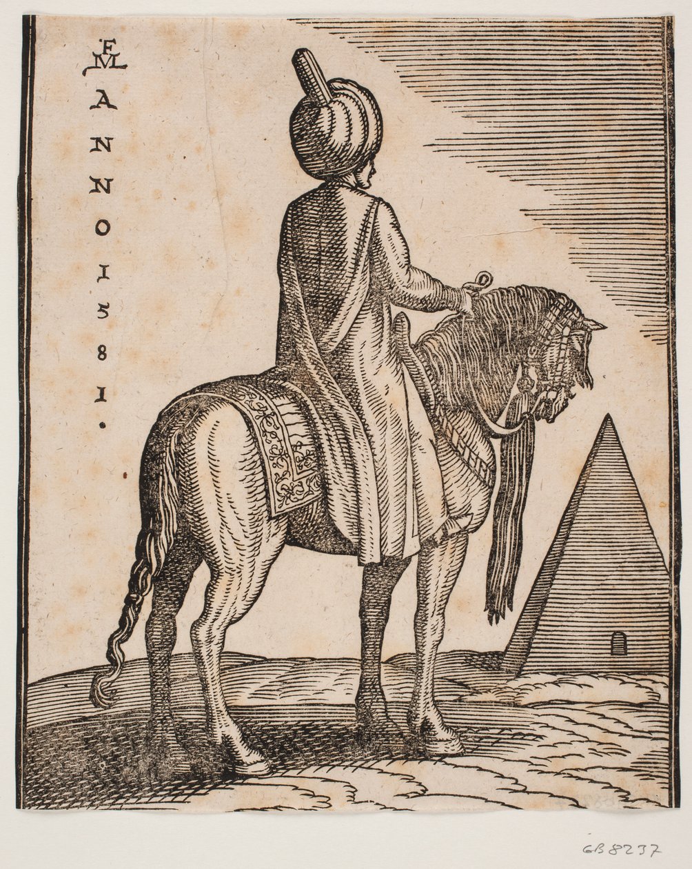 Cavaleiro desarmado, de turbante, visto obliquamente por trás; ou seja ao fundo uma pirâmide de Melchior Lorck