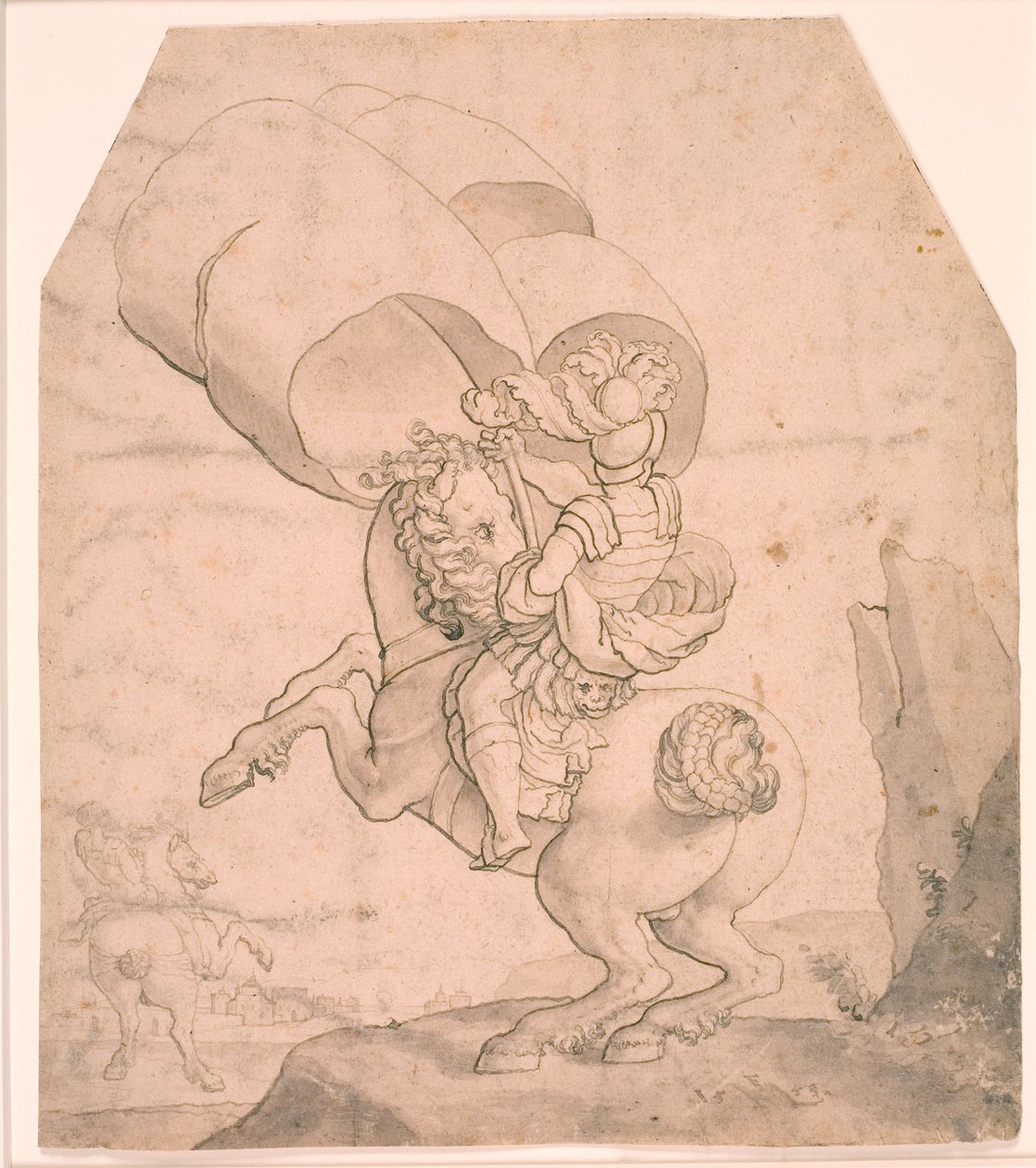 Dois cavaleiros, o primeiro portando um estandarte de Melchior Lorck