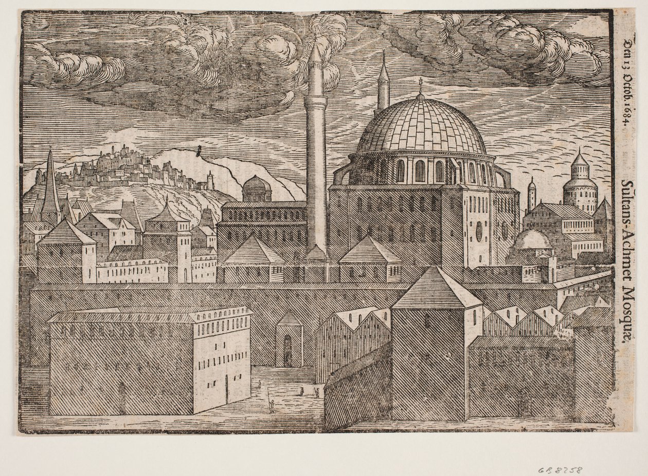 Mesquita não identificada com 2 minaretes, vista de sudeste; televisão. montanha com cidade fortificada de Melchior Lorck