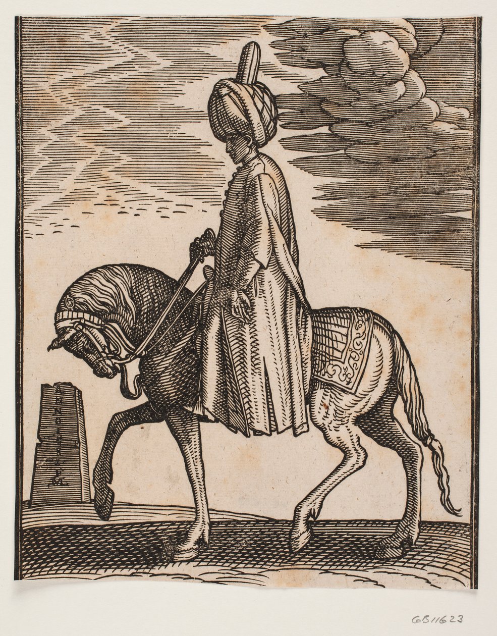 Cavaleiro de turbante desarmado, perfil para a esquerda; na frente do cavalo, um obelisco em ruínas de Melchior Lorck