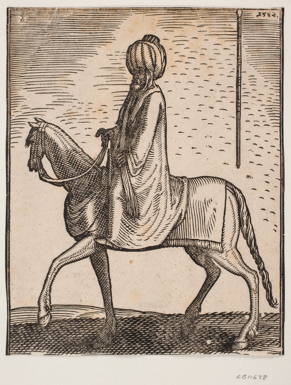 Cavaleiro de turbante desarmado, perfil para a esquerda; na área superior direita da imagem, um delineamento separado de uma vara de Melchior Lorck