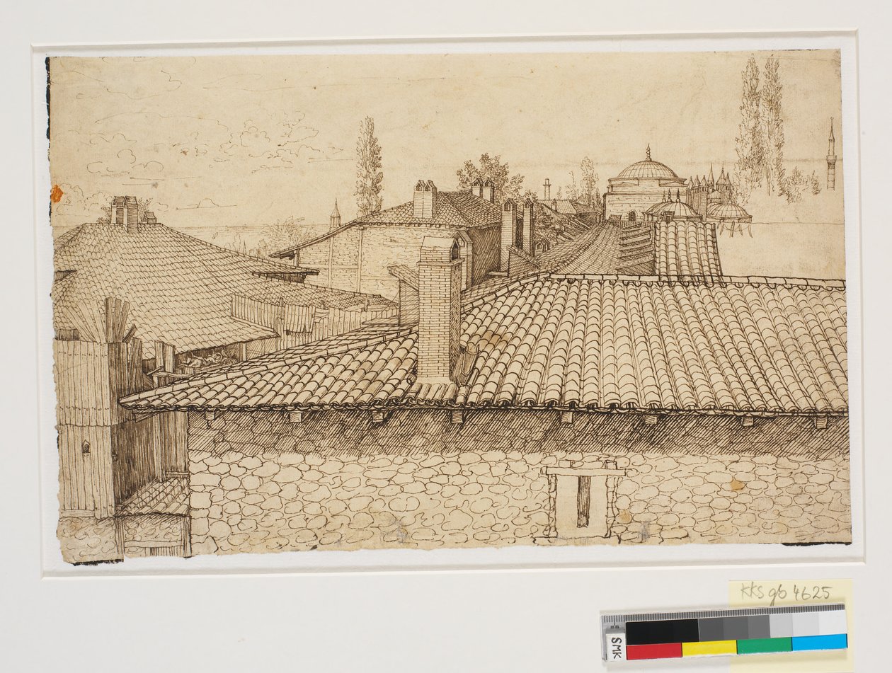 Vista sobre telhados para a Coluna de Arcadios em Constantinopla de Melchior Lorck