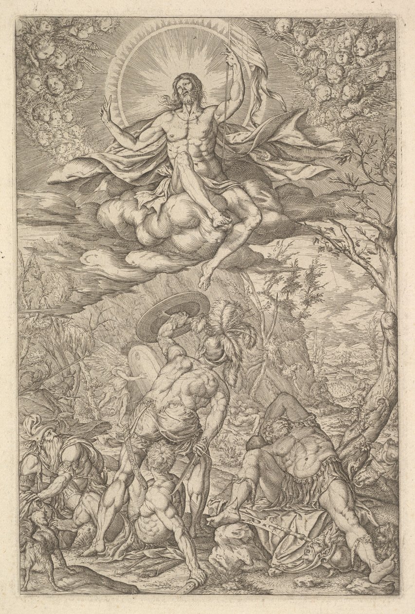 A Ressurreição de Cristo, englobada por uma auréola e nuvens com linhas de putti aladas a..., 1577. de Melchior Meier
