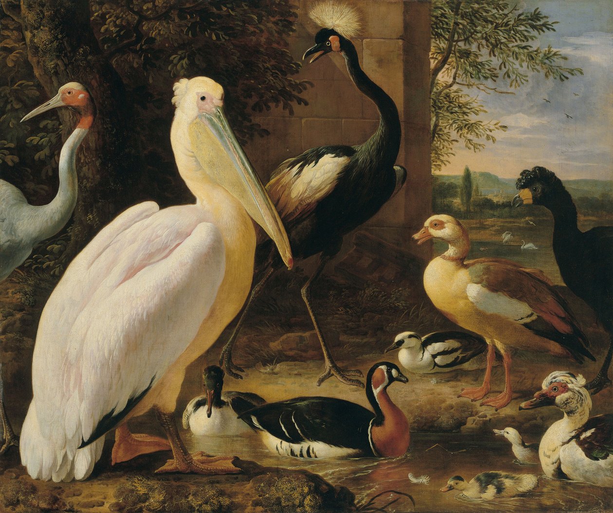 Pelicano, grou coroado, mutum, grou sarcástico e patos numa paisagem fluvial de Melchior d