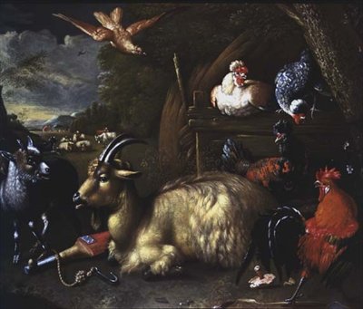 Cabra com Outros Animais e Aves em Paisagem de Melchior de (school of) Hondecoeter