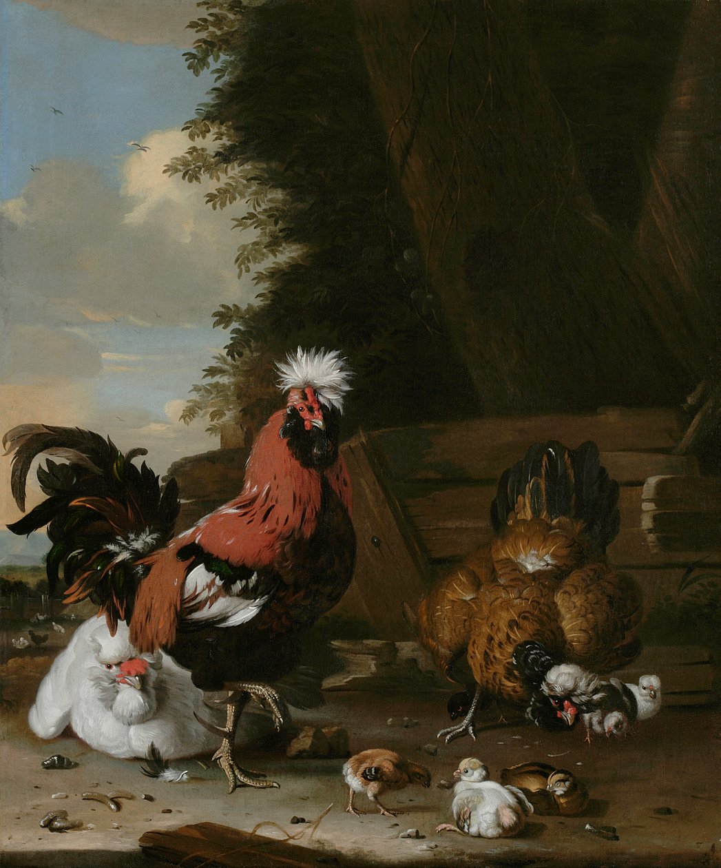 Um galo novo da galinha anã com galinhas e pintainhos em um pátio de Melchior de Hondecoeter