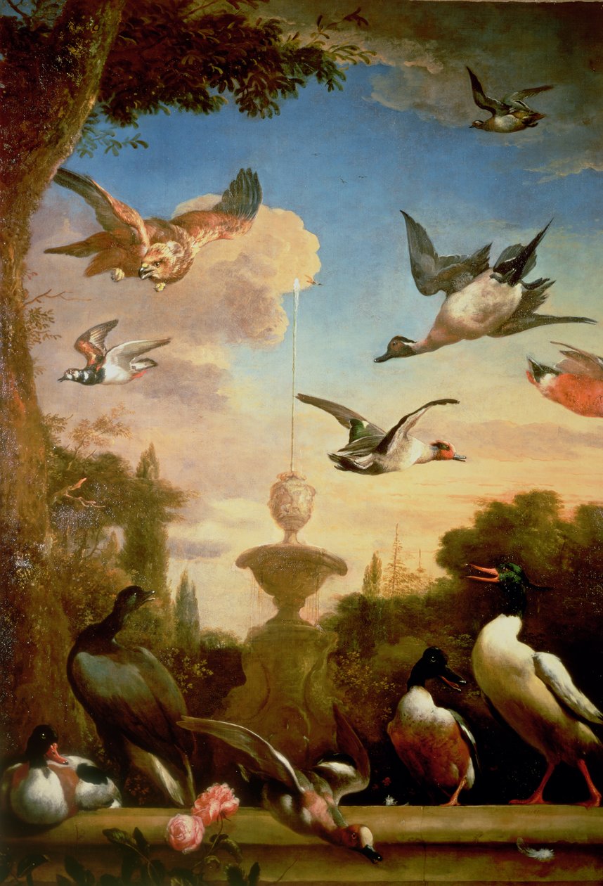 Um pato-real e uma águia dourada em uma paisagem de jardim clássico de Melchior de Hondecoeter