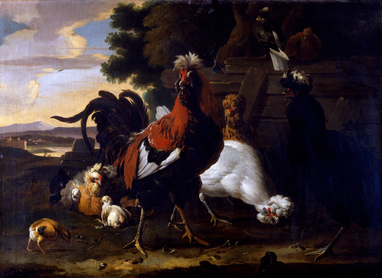 Cockerel, Galinhas e Pintos por uma Cerca numa Paisagem arborizada de Melchior de Hondecoeter