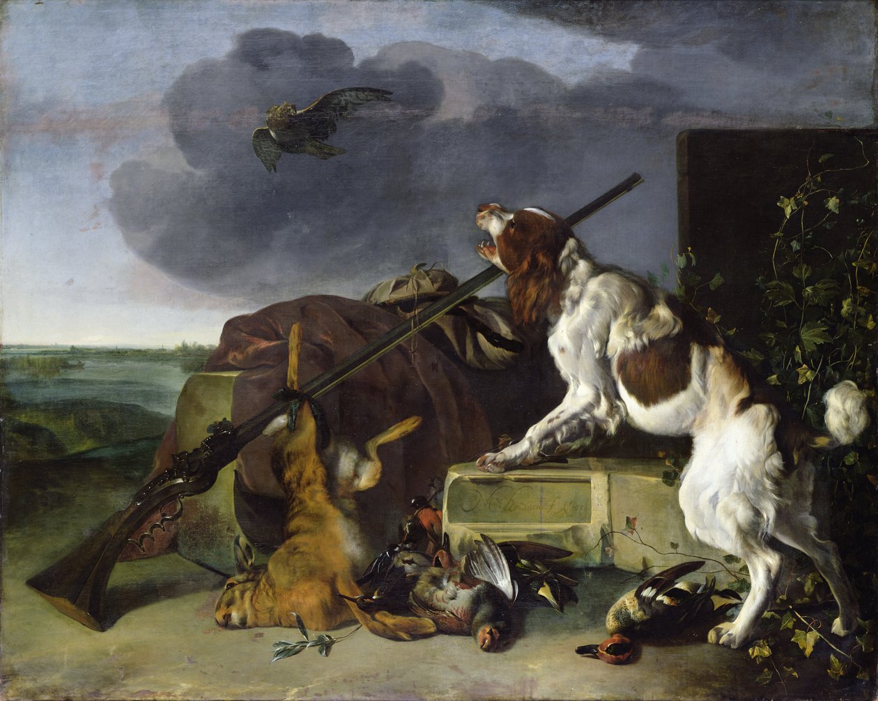 Cão defendendo o jogo, 1658 de Melchior de Hondecoeter