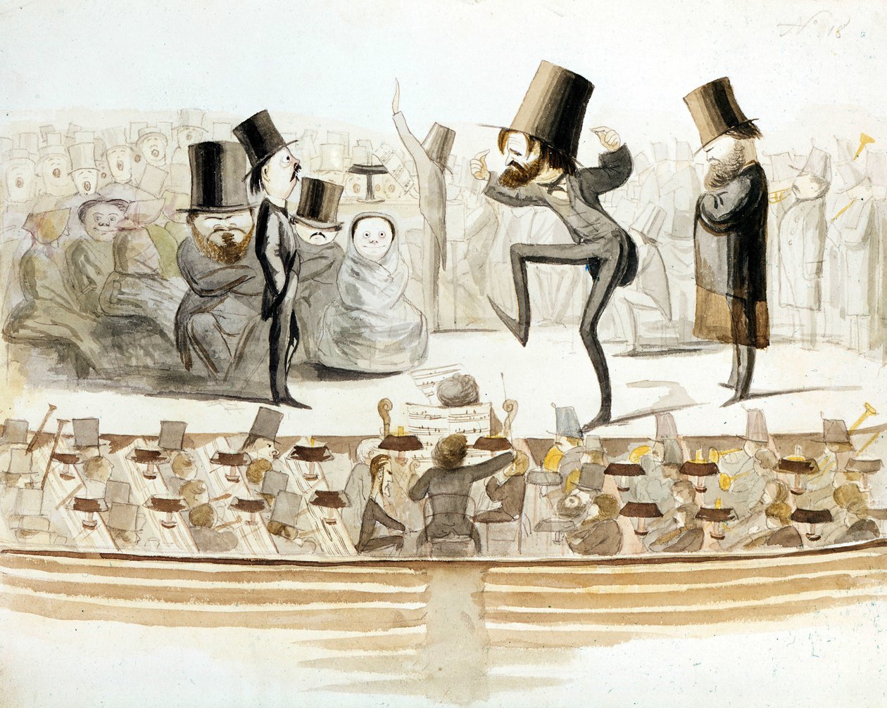 Giuseppe Verdi (1813-1901), compositor italiano com repetições de "Un ballo in maschera" (Un bal masque) com Tenor Fraschini e o soprano Fioretti. Desenho animado de Melchiorre Delfico. Milanês . de Melchiorre Delfico