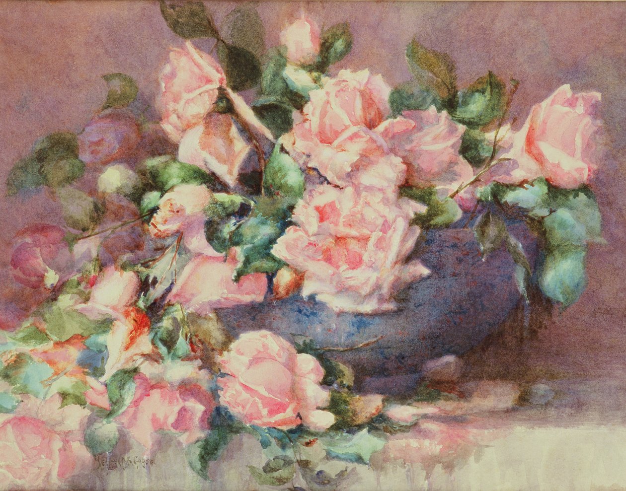Uma tigela de rosas cor de rosa (wc no papel) de Melicent Grose