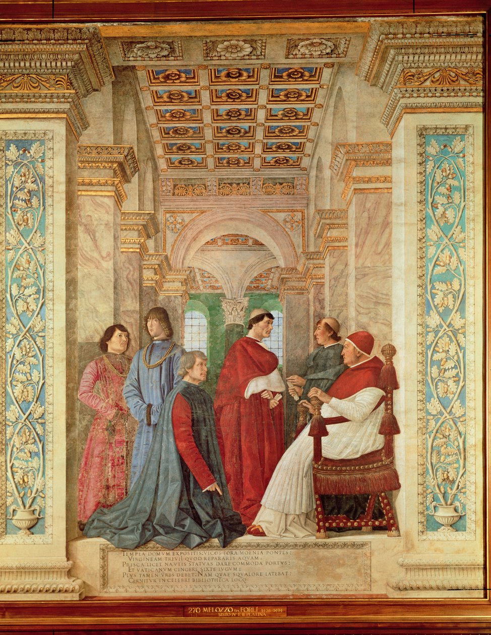 Papa Sixtus IV instala Bartolommeo Platina como diretor da Biblioteca do Vaticano, c. 1477 (afresco transferido para a tela) de Melozzo da Forli