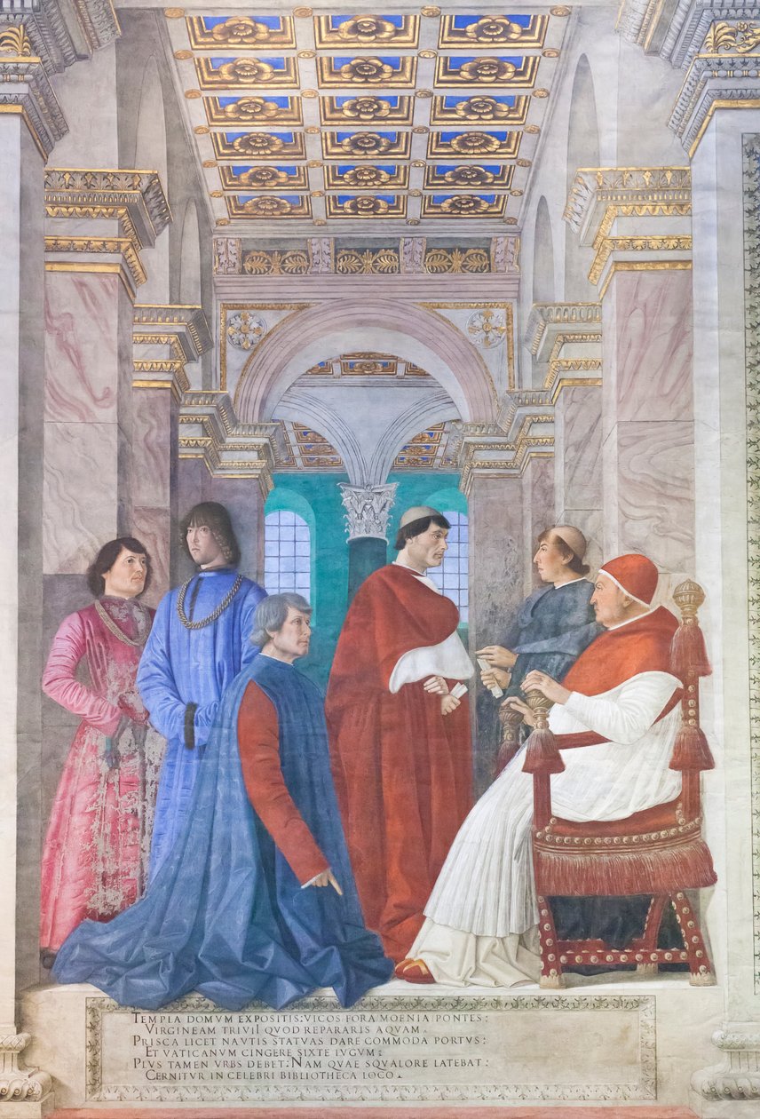 Sixtus IV nomeia Platina como prefeito da biblioteca do Vaticano de Melozzo da Forli