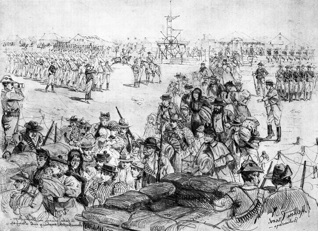 A Insurreição de Matabele: Um alarme falso em Bulawayo, pessoas da cidade apressando-se em Laager, publicado em &39;The Illustrated London News&39;, 6 de junho de 1896 de Melton Prior