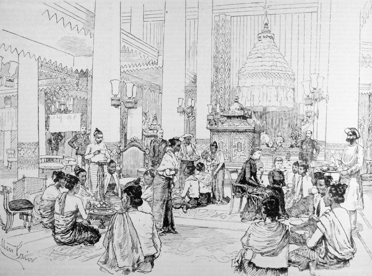 O vice-rei da Índia em Burmah: Senhoras birmanesas tomando chá com Lady Dufferin no palácio em Mandalay, de &39;The Illustrated London News&39;, 4 de março de 1886 de Melton Prior