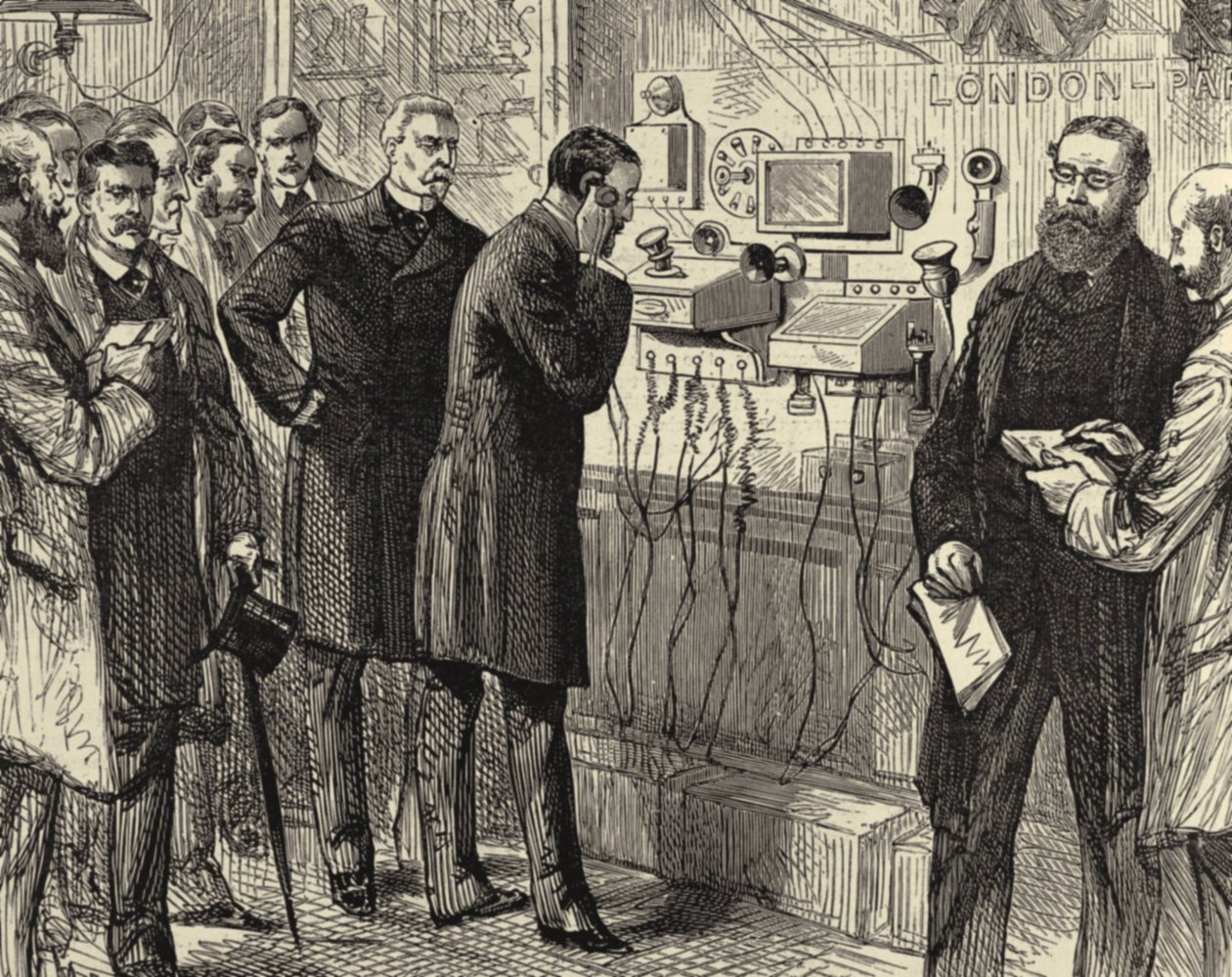 Abertura da linha telefónica anglo-inglesa. A primeira conversa telefónica entre Londres e Paris no General Post Office, em Londres. Foram utilizados instrumentos Bell na extremidade londrina. Gravura em madeira Paris, 28 de março de 1891. Gravura. de Melton (after) Prior