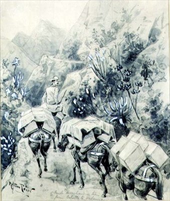 Trekking, Trem da Mula Merchandise de Cabello a Valência (aquarela sobre papel) de Melton Prior