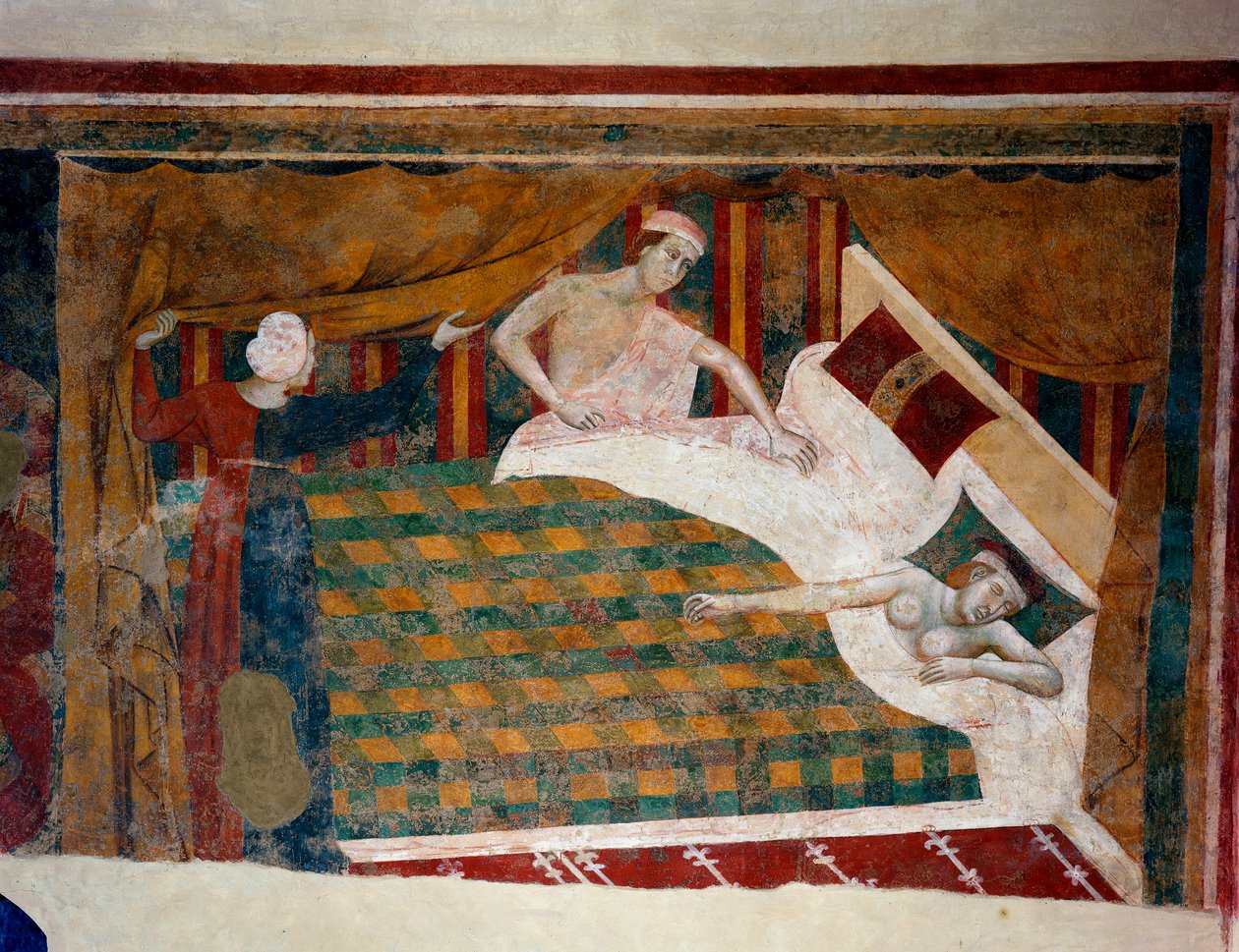 Cena da vida conjugal na Idade Média. Um homem junta-se à sua mulher, dormindo nu na cama. Detalhe. (fresco, início do século XIV) de Memmo di Filippuccio