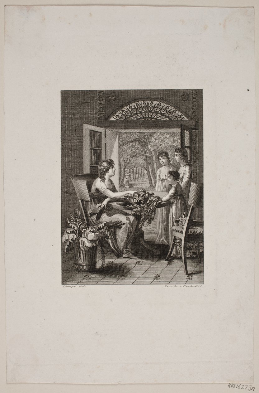 Ilustração com mulheres ao redor de uma mesa em uma sala de jardim de Meno Haas