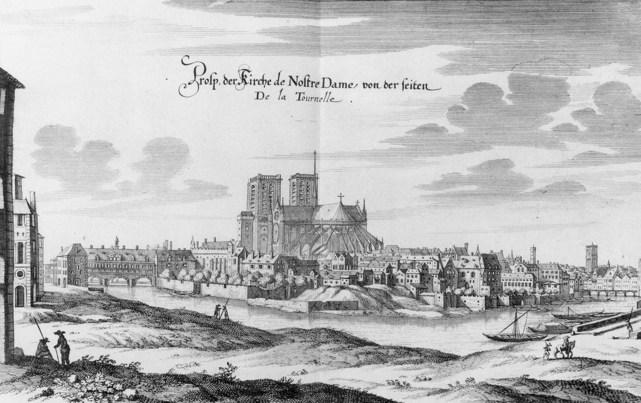 Vista da Margem Esquerda do Sena à Ile de la Cité e Notre Dame, de &39;Topographia Galliae&39; de Martin Zeiller, publicada em 1655-61 de Merian
