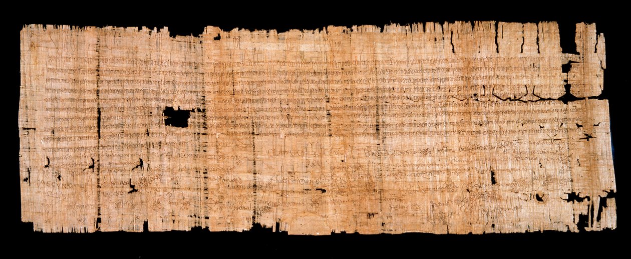Período Merovingiano: documento legal manuscrito em papiro confirmando o privilégio de imunidade concedido pelo Rei de Neustria Clovis II (633-657) à Abadia de Saint Denis em 22/06/654. Sol. 0,93x0,34 m Paris, arquivos nacionais de Merovingian