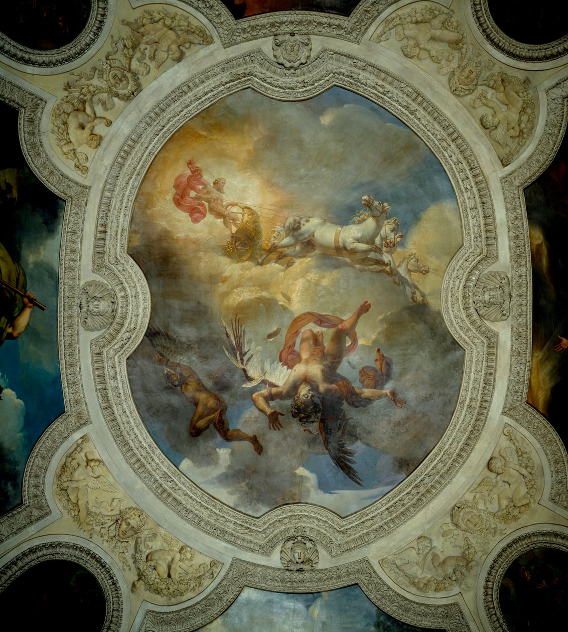 A Queda do Ícaro - O Sol. A Queda de Ícaro. Centro do teto do vestíbulo da galeria de Apolo. Pintura de Merry Joseph Blondel (1781-1853) de Merry Joseph Blondel