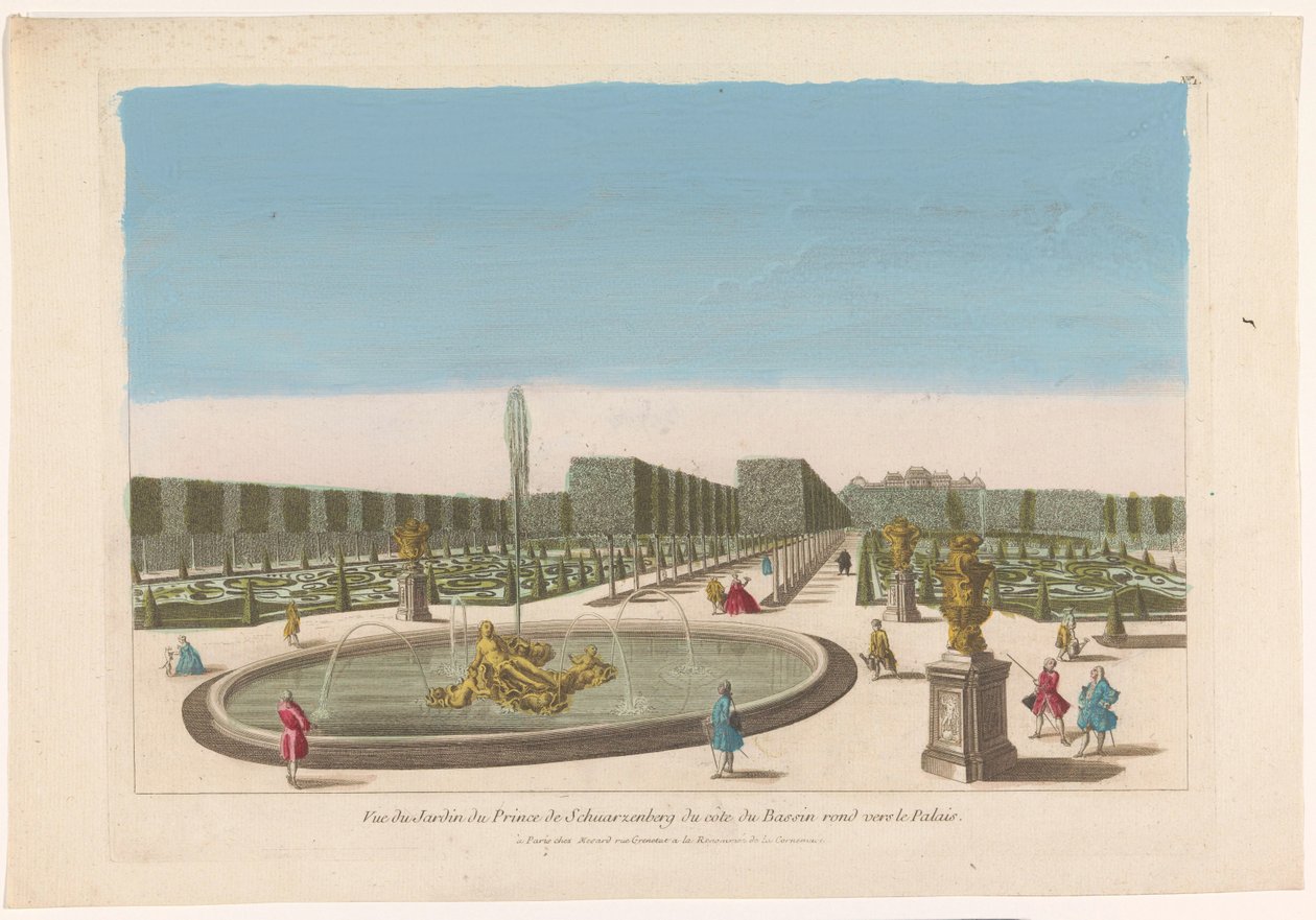 Vista da fonte do jardim do Palais Schwarzenberg perto da cidade de Viena Vue du jardin du prince de Schwarzenberg du côte du bassin around vers le palais (título no objeto) de Mesard