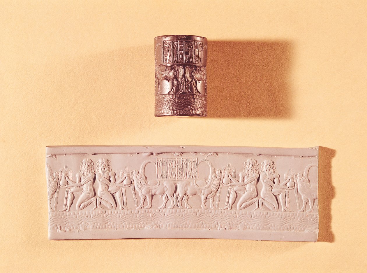 Selo de cilindro acadiano e impressão de Shar-kali-sharri (c.2217-c.2193 aC) Rei de Acádia, Mesopotâmia, c.2340-2100 aC (mármore) de Mesopotamian