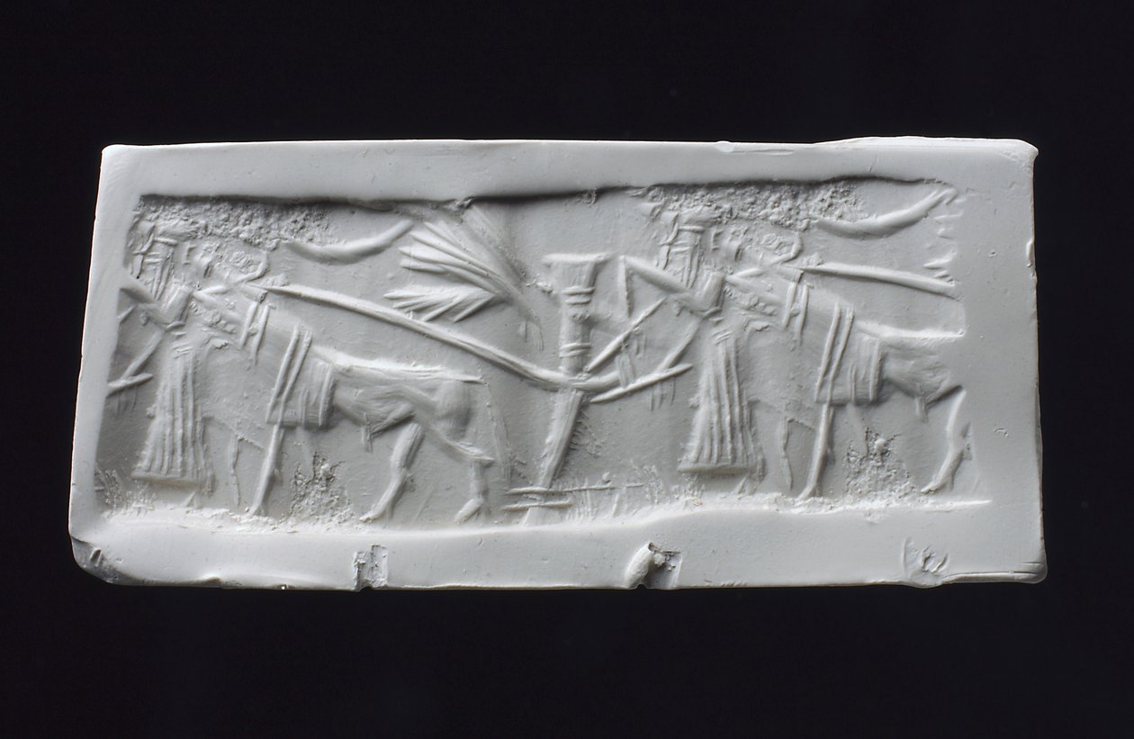 Impressão do selo do cilindro, acadiano (escudo) de Mesopotamian