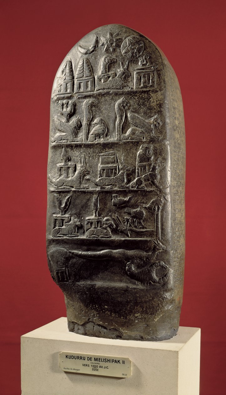 Kudurru do rei Melishikhu II representando emblemas babilônios, de Susa (calcita) de Mesopotamian