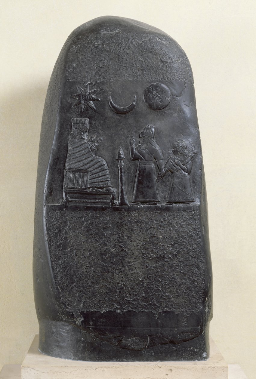 Kudurru do rei Melishikhu II representando o rei apresentando sua filha a uma deusa, da Babilônia (calcário) de Mesopotamian