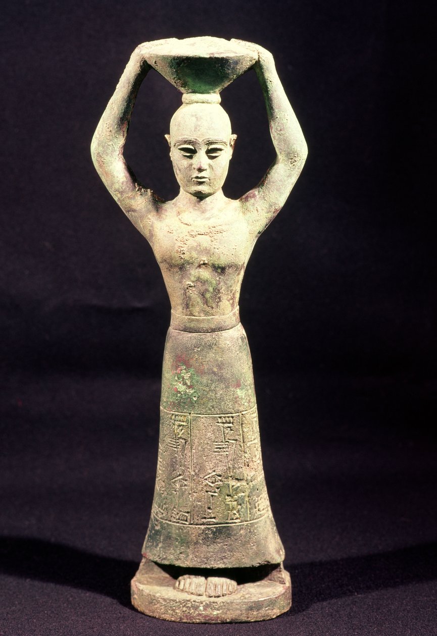 Estatueta de portador de oferendas com uma inscrição votiva, de Uruk, Período Protoliteral, 3º milênio aC (bronze) de Mesopotamian