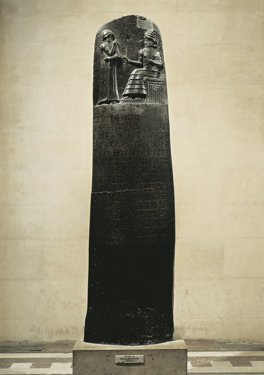 Código de Hamurabi: o deus Shamash ditando suas leis a Hamurabi, Rei da Babilônia, encontrado em Susa, Irã, c.1750 a.C. (basalto) de Mesopotamian