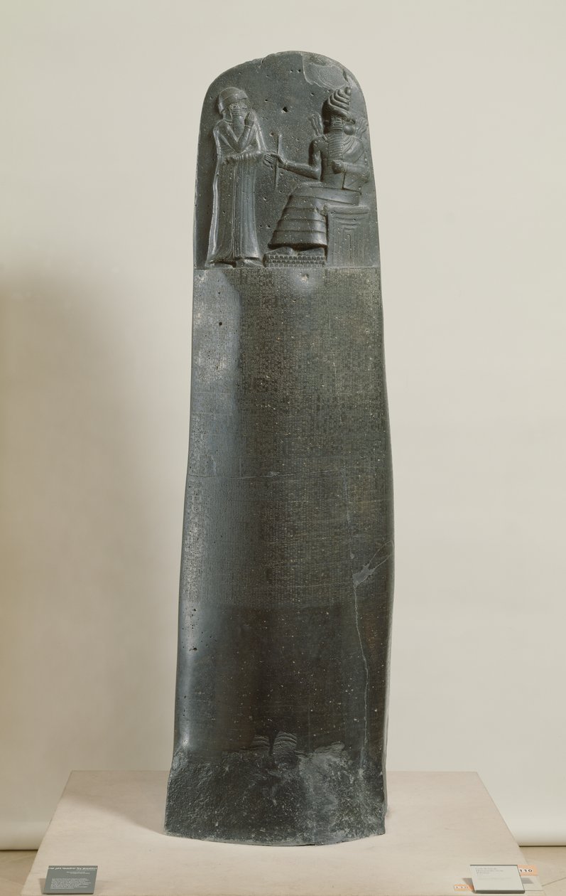 Código de Hamurabi: o deus Shamash ditando suas leis para Hamurabi, rei da Babilônia, encontrado em Susa, Irã, c.1750 aC (diorito) (para detalhes ver 69507) de Mesopotamian