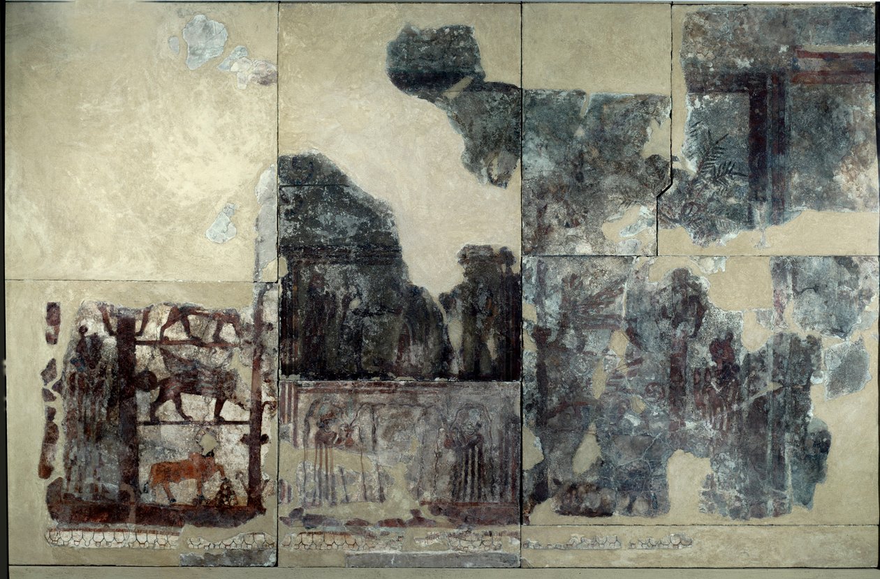 Mesopotâmia: palácio de Zimrilim, pintura da investidura: representação de um touro de asas, esfinge, grifo. Afresco destacado datado do regimento de Zimri-Lim (Zimei Lim) (ca. 1782-1759 a.C.) de Mari. Paris, Museu do Louvre. de Mesopotamian