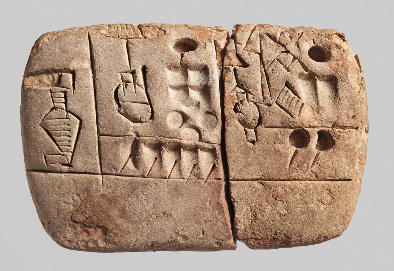 Comprimidos cuneiformes pictográficos iniciais, Mesopotâmia, Uruk, c.3100-2900 BC (argila) de Mesopotamian Mesopotamian