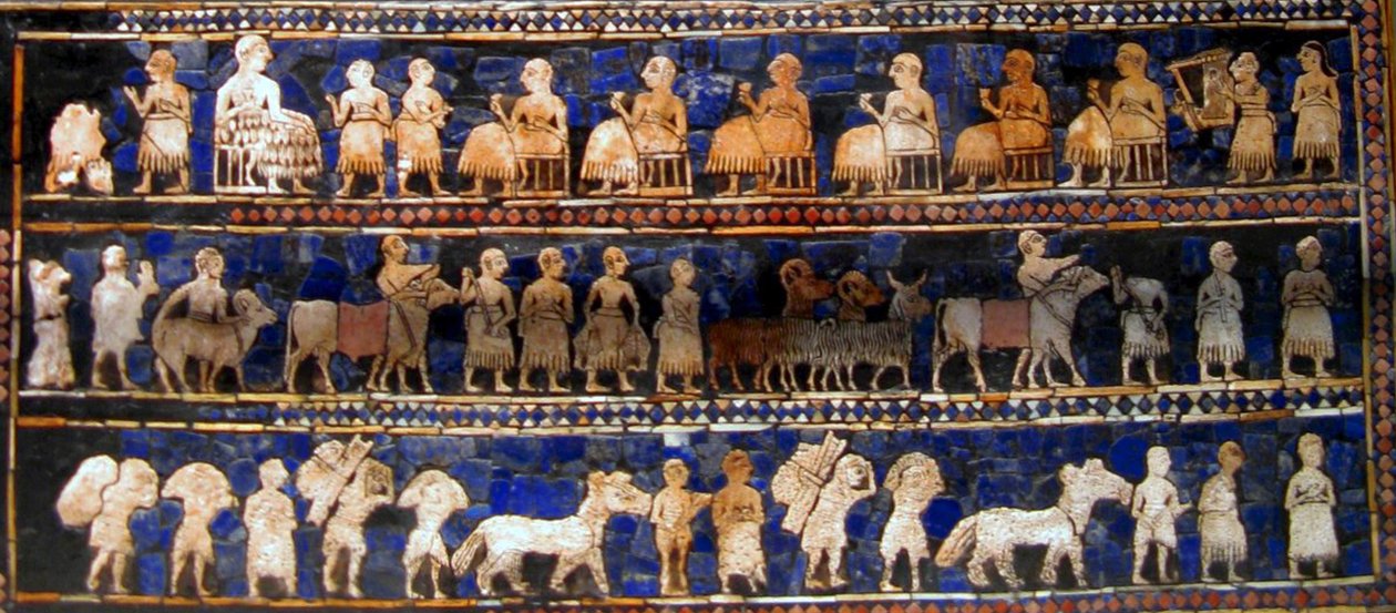 Painel "Paz" do "Padrão de Ur", c.2600-2400 a.C. (pintura sobre madeira) de Mesopotamian Mesopotamian