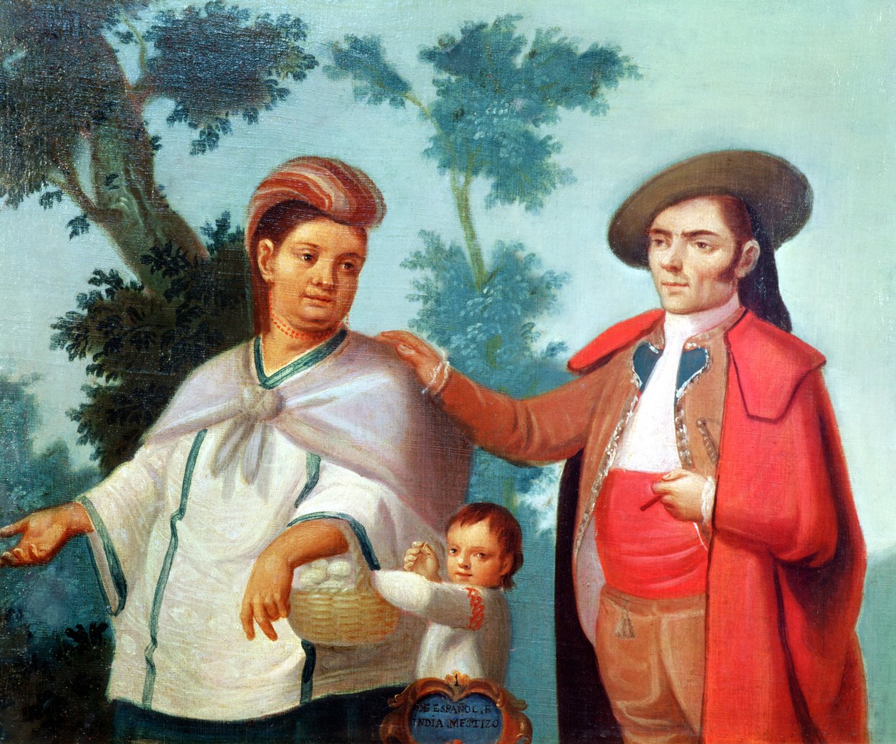 Um espanhol e sua esposa indiana mexicana, ilustração de casamentos de raça mista no México de Mexican School