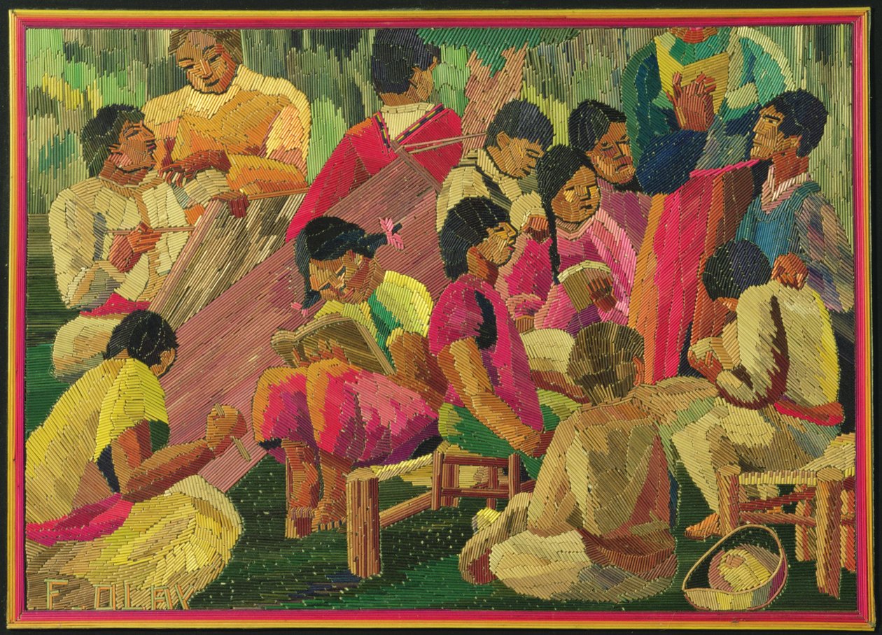 Cena de aldeia mexicana (pintura de palha colorida) de Mexican School