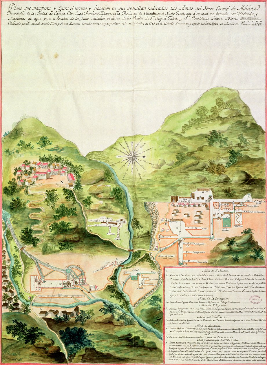 Plano das Minas de Oaxaca, México, 1785-87 (caneta e tinta sobre papel) de Mexican School